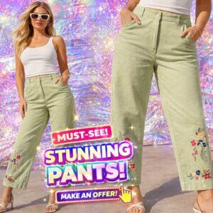 CJ Banks Sage Green Floral Embroidered Wide leg Capri/Ankle Pants Women's Size 4